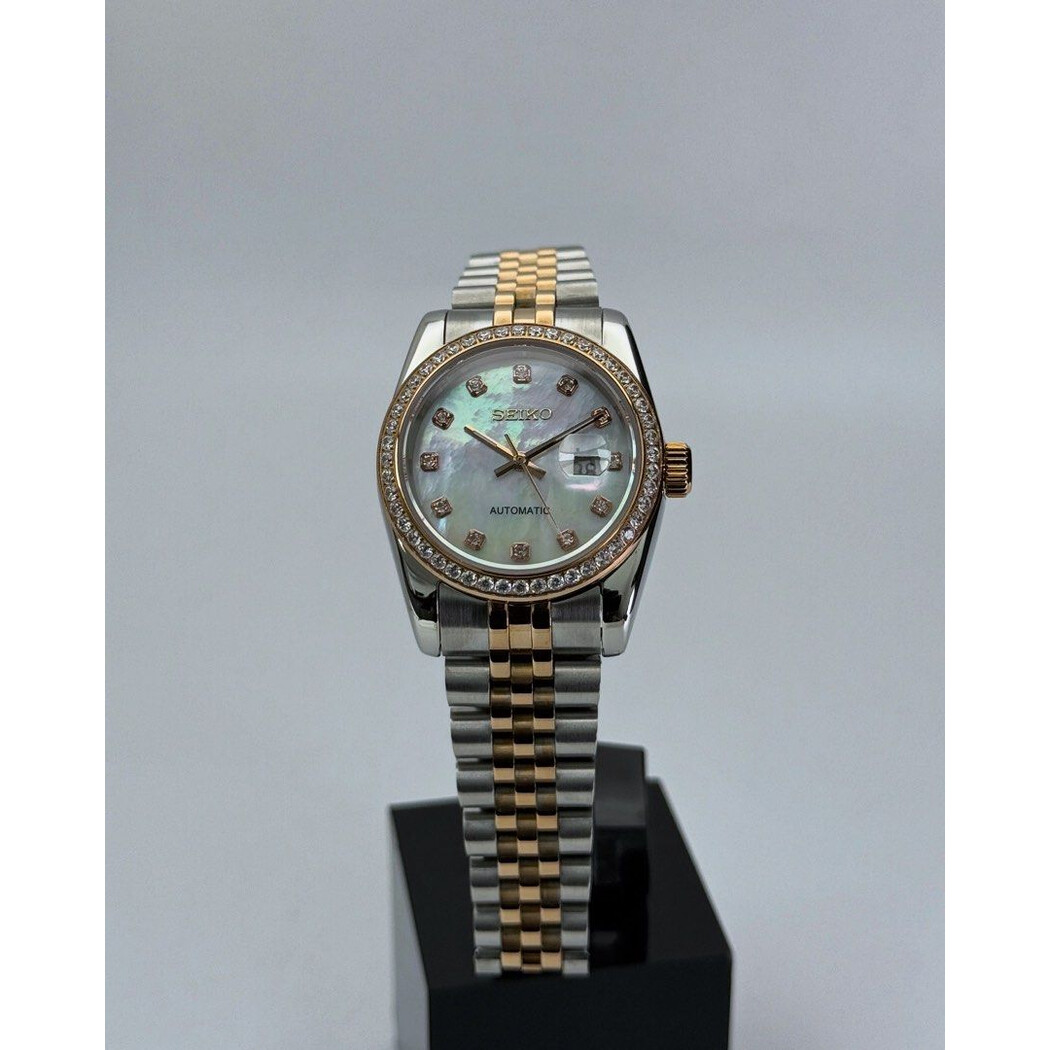 Custom Seiko Mod • Silver Rose Gold White Pearl Double Diamond Datejust • 31mm